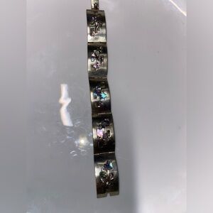 Vintage silvertone metal wide hinges bracelet abalone shell inlay hook clasp